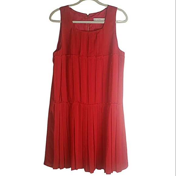LOFT Dresses & Skirts - Ann Taylor Loft Red Chiffon Pleated Mini Dress Sleeveless Square Neck Zip Back
